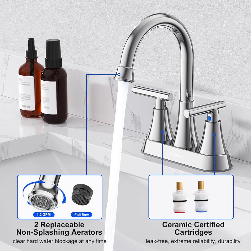 Hurran Bathroom Faucets for Sink 3 Hole, 4 inch Chrome Bathroom Sink Faucet with Pop-up Drain and Supply Hoses, Stainless Steel Lead-Free 2-Handle Centerset Utility Faucet for Sink Vanity RV - Image 4